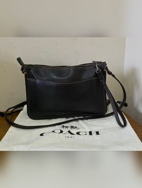 Vintage Coach Black Leather Crossbody with Braided Wristlet Detail